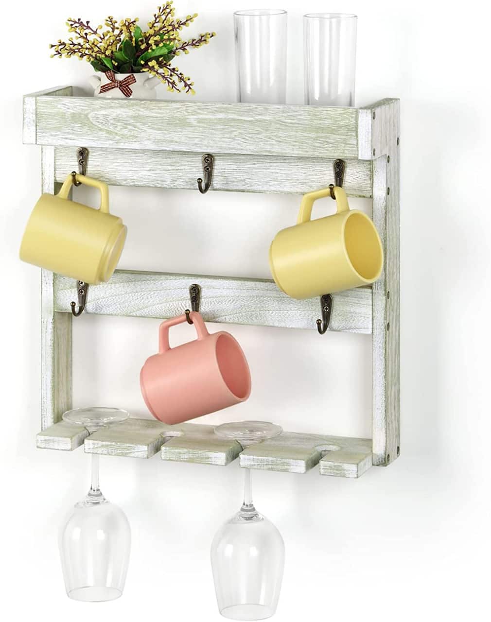 NEX™ 16" Green White Wood Wall-Mounted Coffee Mug Rack